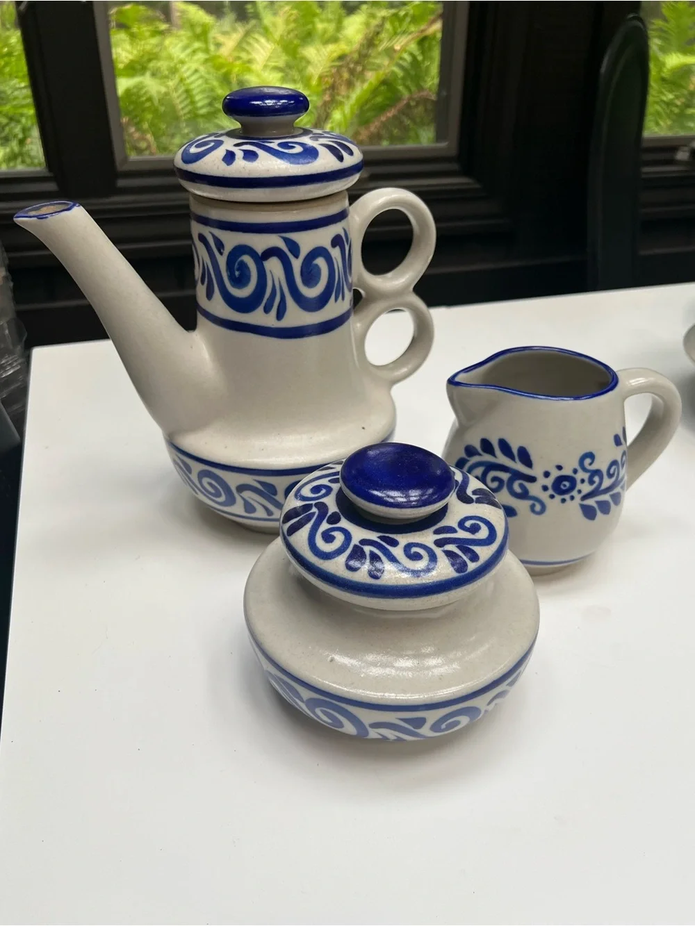 Vintage Mexican Stoneware Coffee Set Hand-Painted Cobalt Blue, Estado de Mexico
